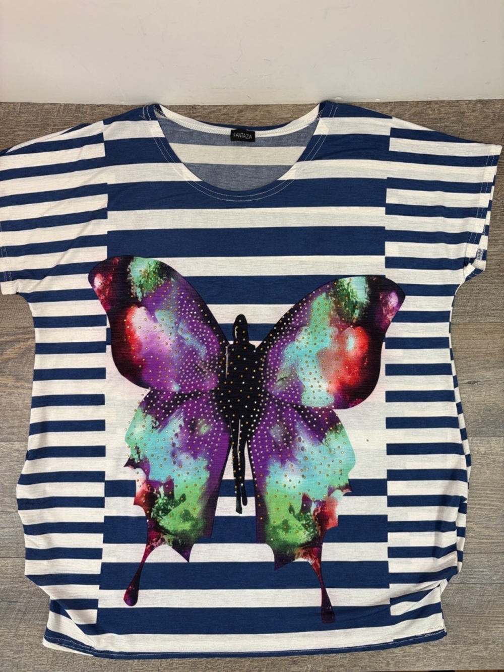 Fantazia Striped Butterfly Graphic Top One Size Blue White Rhinestone Tee